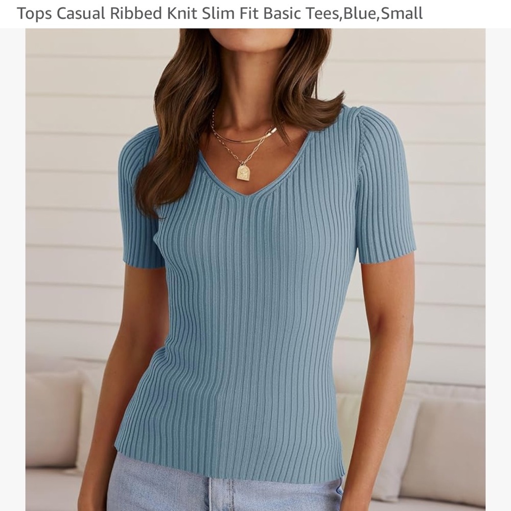 Blue Ribbed Knit Slim Fit Top
